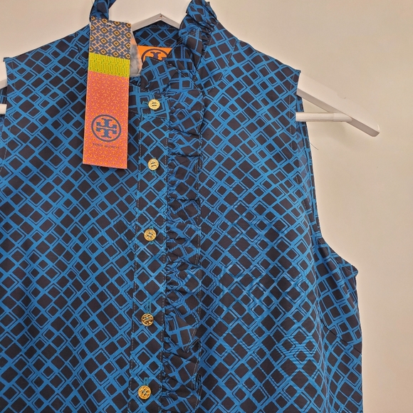 Tory Burch Blue Silk Sleeveless Top Half Button Up Lizzard Print NEW - Picture 2 of 5